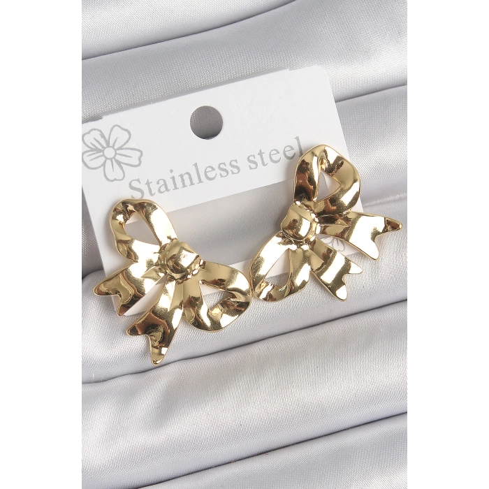 316 Çelik Gold Renk Kurdele Plaka Model Kadın Küpe