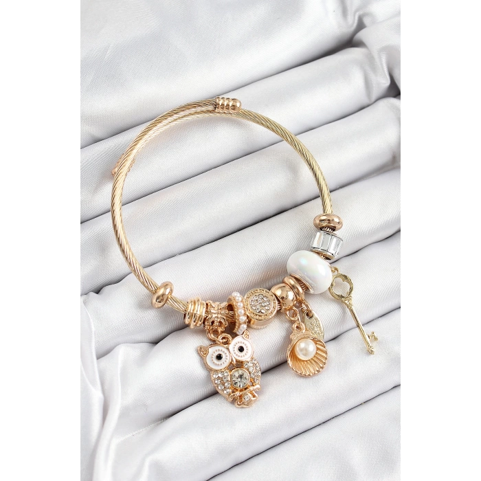 316L Çelik Beyaz Zirkon Taşlı Baykuş İstiridye Ve Anahtar Model Gold Renk Charm Bileklik