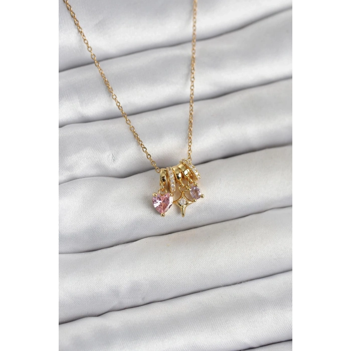 316L Çelik Gold Pembe Zirkon Taşlı Charmlı Kadın Kolye