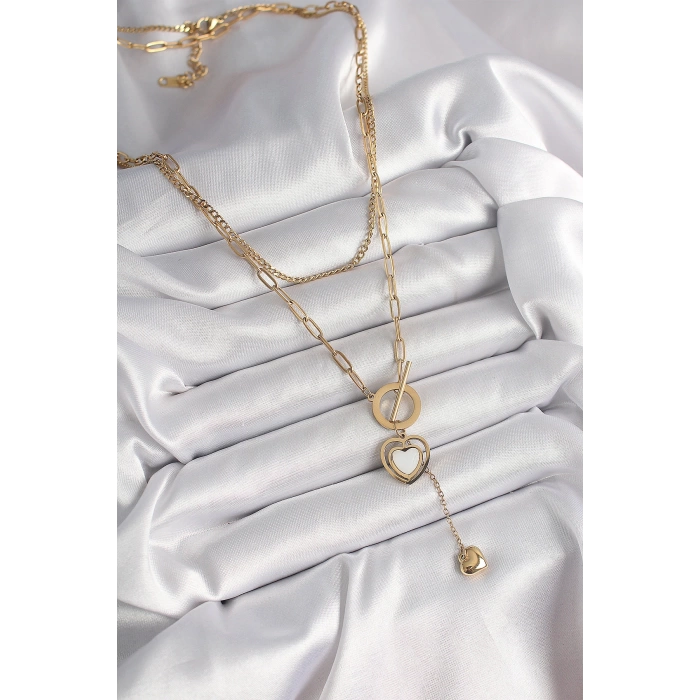 316L Çelik Gold Renk 2Li Zincir Model Sallantı Detay Kadın Kolye