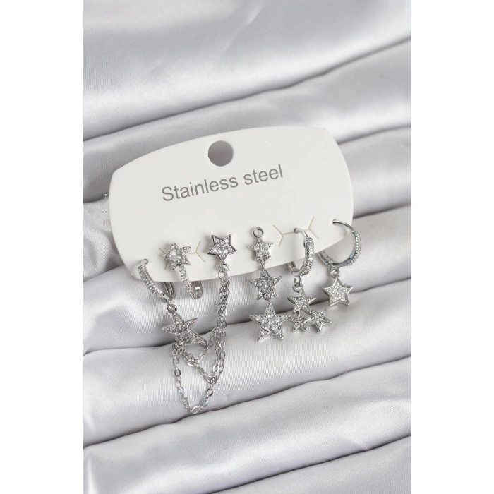 316L Çelik Gold Renk 6lı Set Zincirli Yıldız Modelli Kadın Küpe