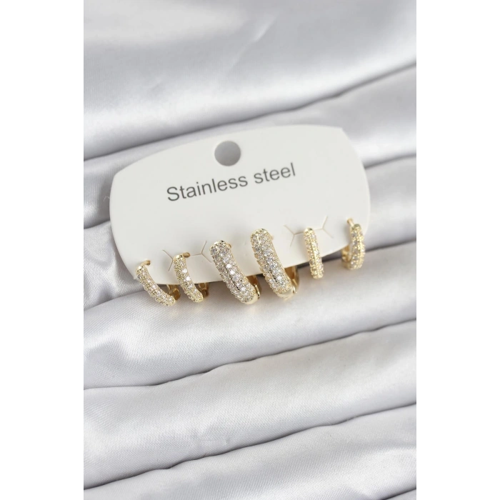 316L Çelik Gold Renk 6lı Set Zirkon Taşlı Halka Model Kadın Küpe