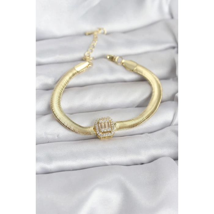 316L Çelik Gold Renk Baget Zirkon Taşlı Yılan Zincirli Kadın Bileklik
