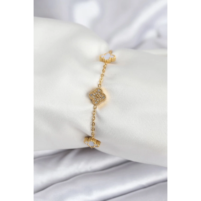 316L Çelik Gold Renk Beyaz ve Zirkon Taşlı Baby Boy Yonca Kadın Bileklik
