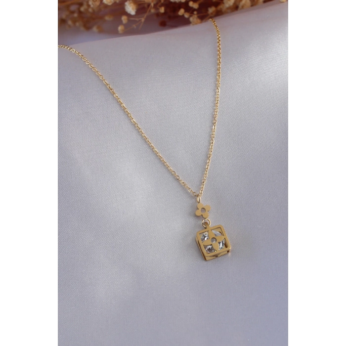 316L Çelik Gold Renk Çiçek Figür Zirkon Taş Detay Kadın Kolye