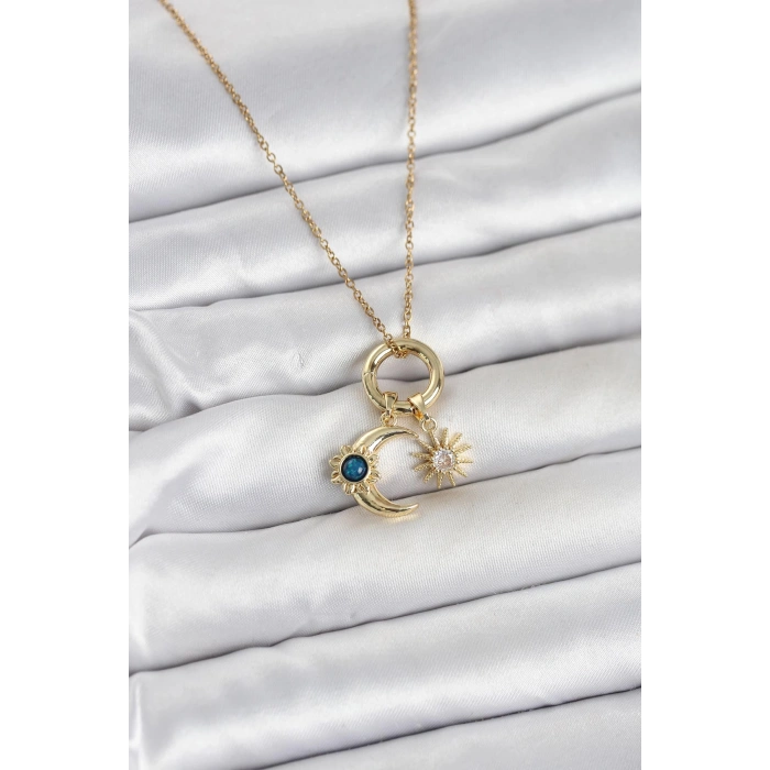 316L Çelik Gold Renk Gece Gündüz Tema Charmlı Kadın Kolye