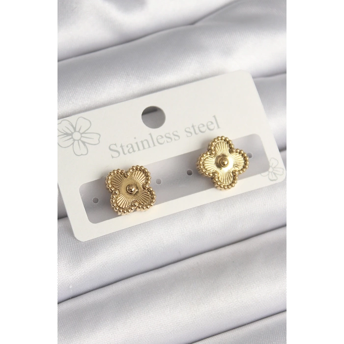 316L Çelik Gold Renk İşleme Detaylı Yonca Model Kadın Küpe