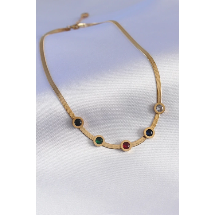 316L Çelik Gold Renk İtalyan Zincir Model Zirkon Taşlı Kadın Kolye