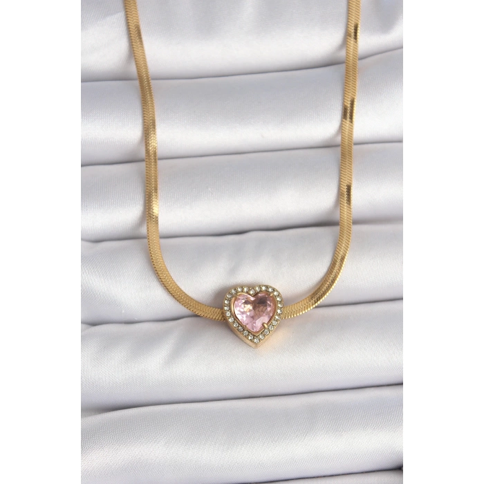 316L Çelik Gold Renk İtalyan Zincir Pembe Zirkon Taşlı Kalp Model Kadın Kolye
