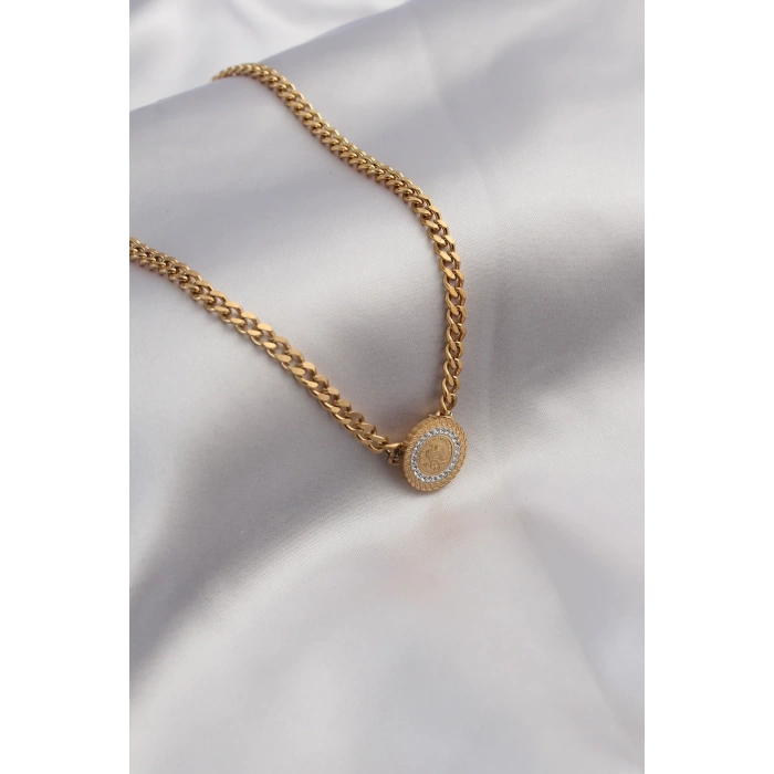 316L Çelik Gold Renk Kalın Zincir Model Zirkon Taşlı İşlemeli Kadın Kolye