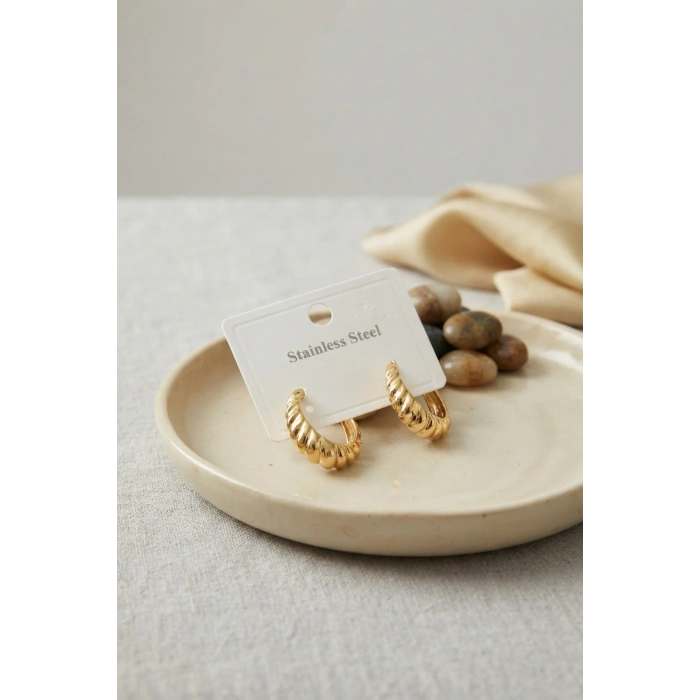 316L Çelik Gold Renk Kıvrımlı Halka Model Küpe