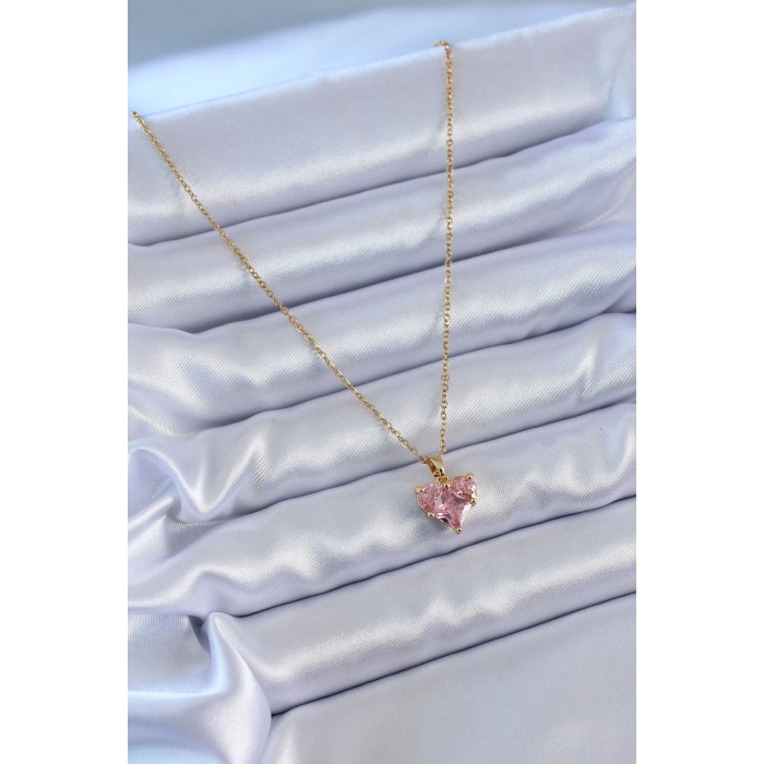 316L Çelik Gold Renk Kristal Kalp Model Kadın Kolye