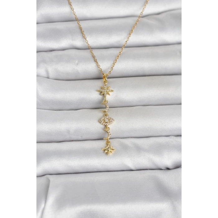 316L Çelik Gold Renk Kutup Yıldızı Y Model Zirkon Taşlı Kadın Kolye