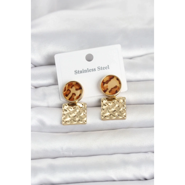 316L Çelik Gold Renk Leopar Desenli Plaka Model Kadın Küpe
