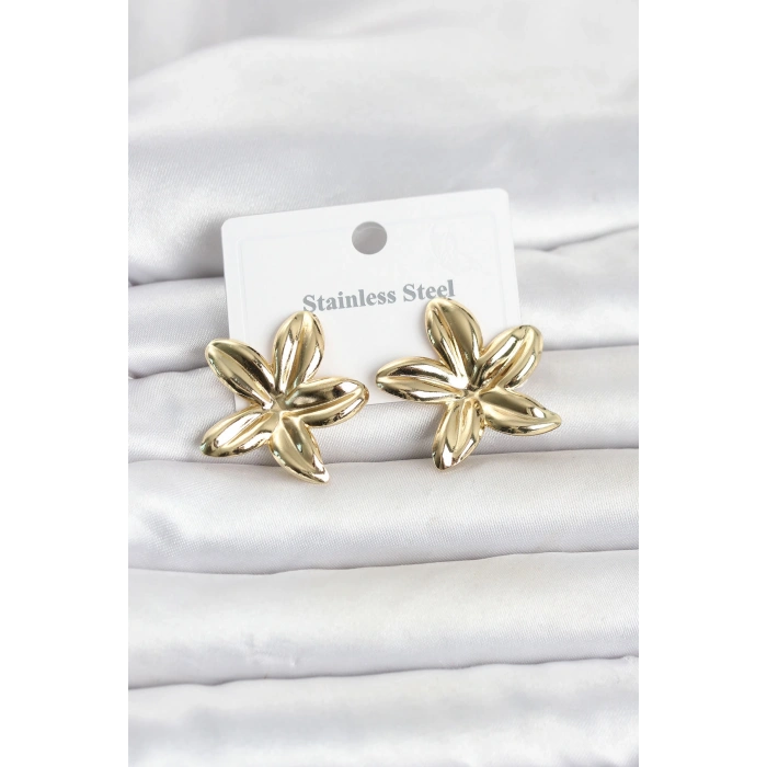 316L Çelik Gold Renk Lotus Çiçeği Model Kadın Küpe