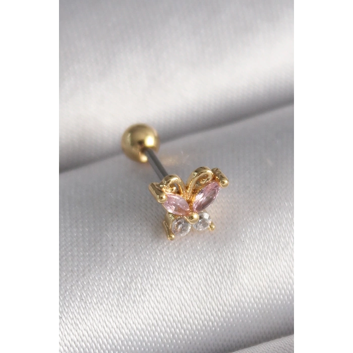 316L Çelik Gold Renk Pembe Zirkon Taşlı Kelebek Tragus Piercing