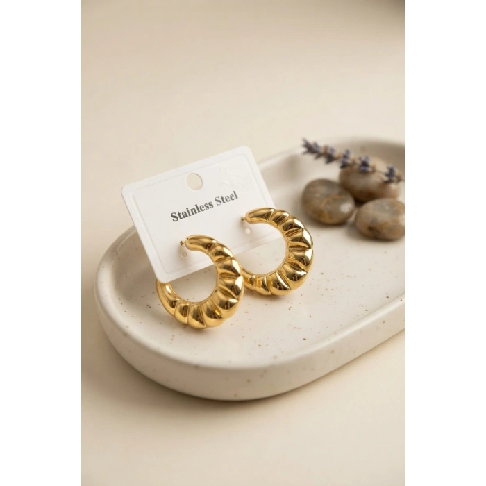 316L Çelik Gold Renk Retro Model Kalın Gövdeli Küpe