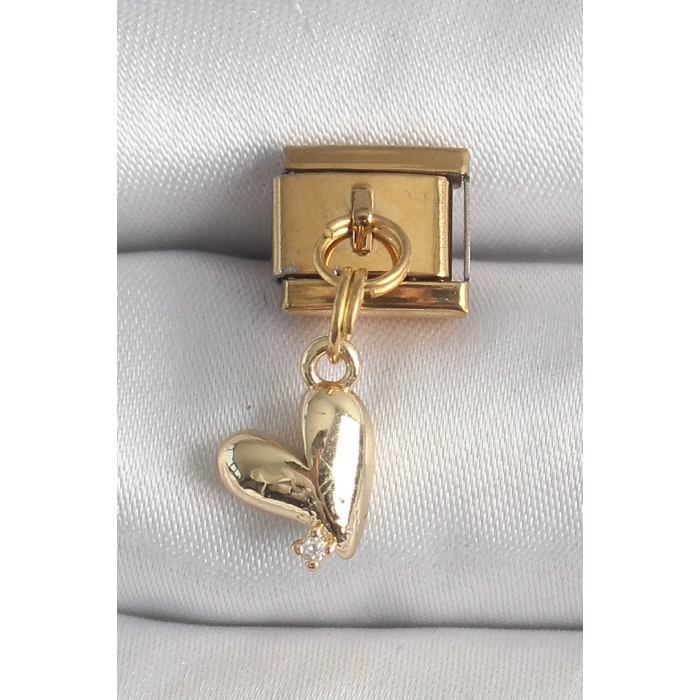 316L Çelik Gold Renk Sallantı Kalp Model Zirkon Taş Detay Nomination Charm