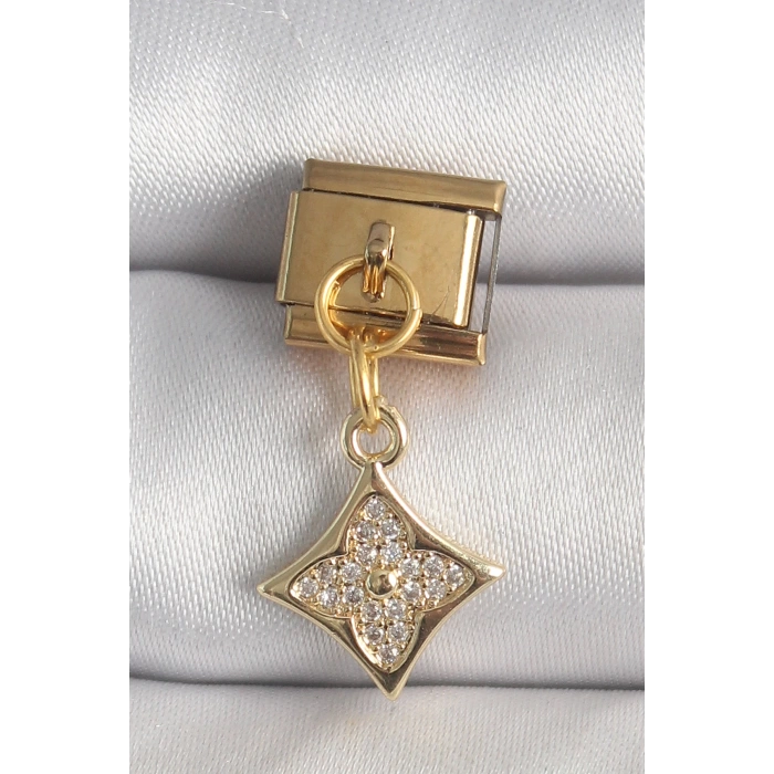 316L Çelik Gold Renk Sallantı Zirkon Taşlı Çiçek İşlemeli Nomination Charm