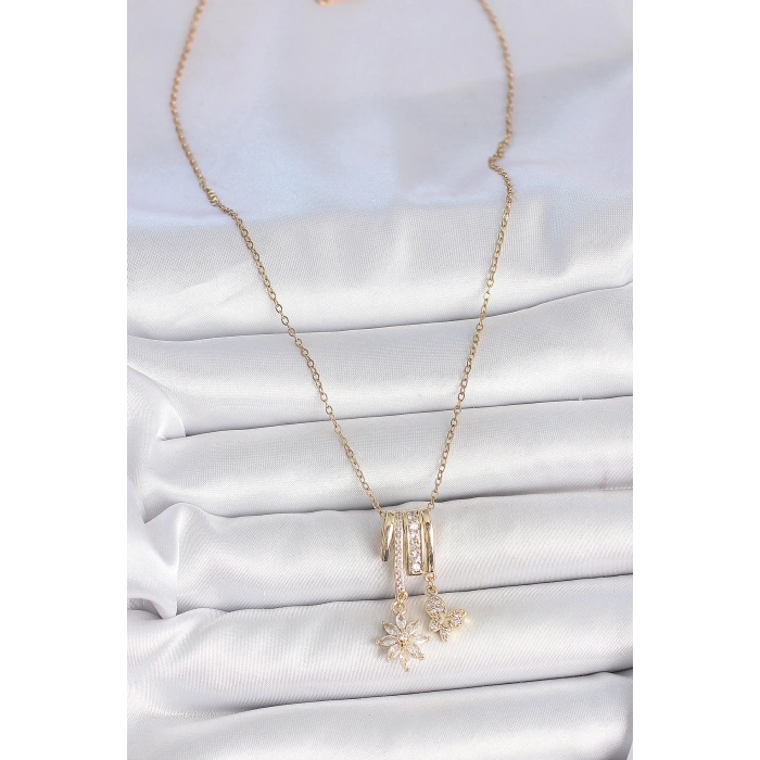 316L Çelik Gold Renk Sallantı Zirkon Taşlı Çiçek Kelebek Figür Charm Kadın Kolye