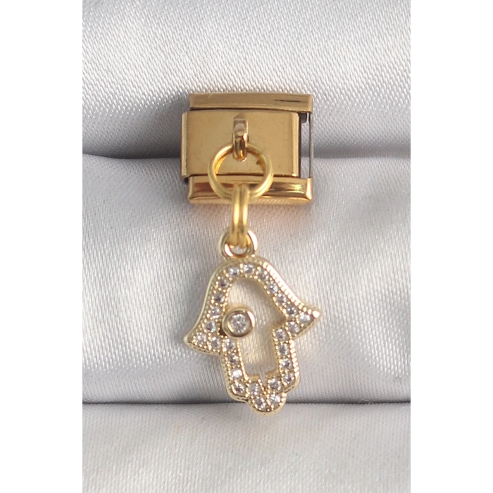 316L Çelik Gold Renk Sallantı Zirkon Taşlı Fatma Ana El Model Nomination Charm