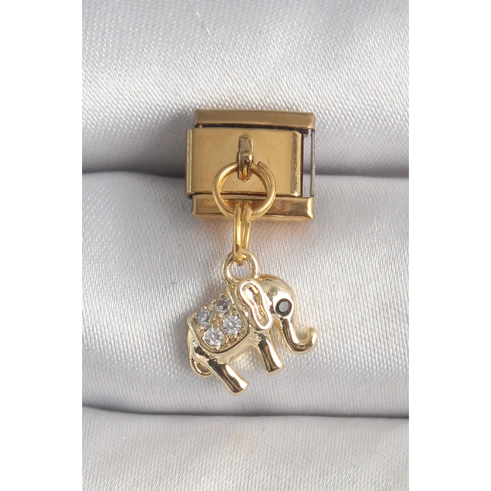 316L Çelik Gold Renk Sallantı Zirkon Taşlı Fil Model Nomination Charm