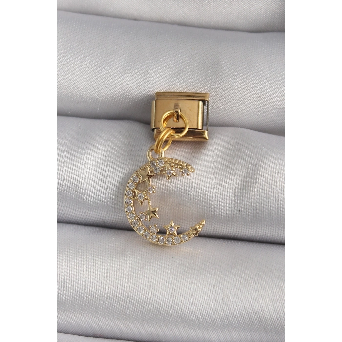 316L Çelik Gold Renk Sallantı Zirkon Taşlı Hilal Model Nomination Charm