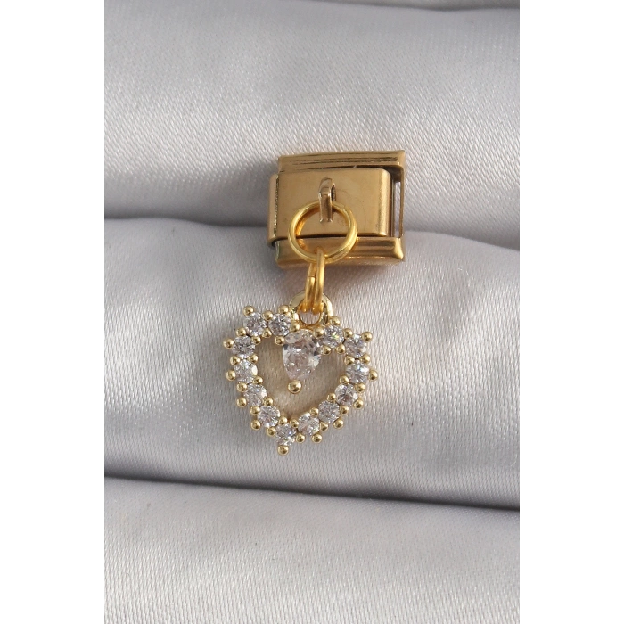 316L Çelik Gold Renk Sallantı Zirkon Taşlı Kalp Model Nomination Charm