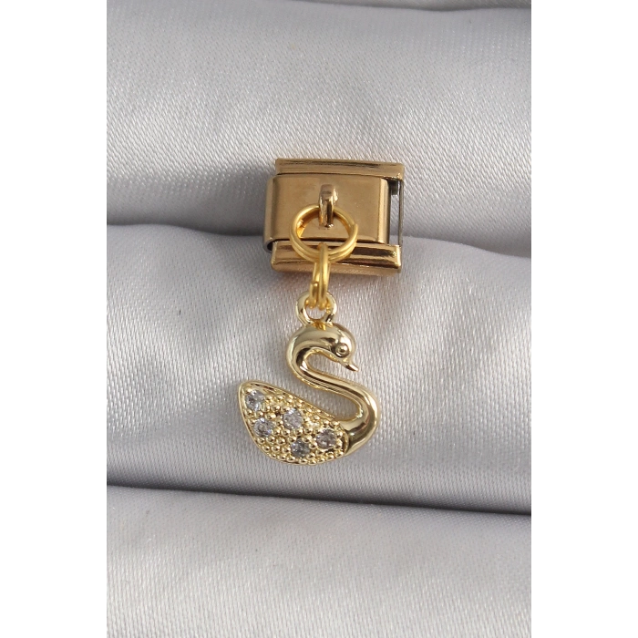 316L Çelik Gold Renk Sallantı Zirkon Taşlı Kuğu Model Nomination Charm