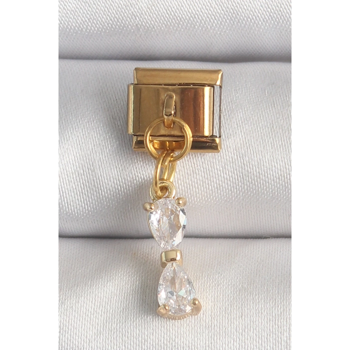 316L Çelik Gold Renk Sallantı Zirkon Taşlı Kurdele Model Nomination Charm