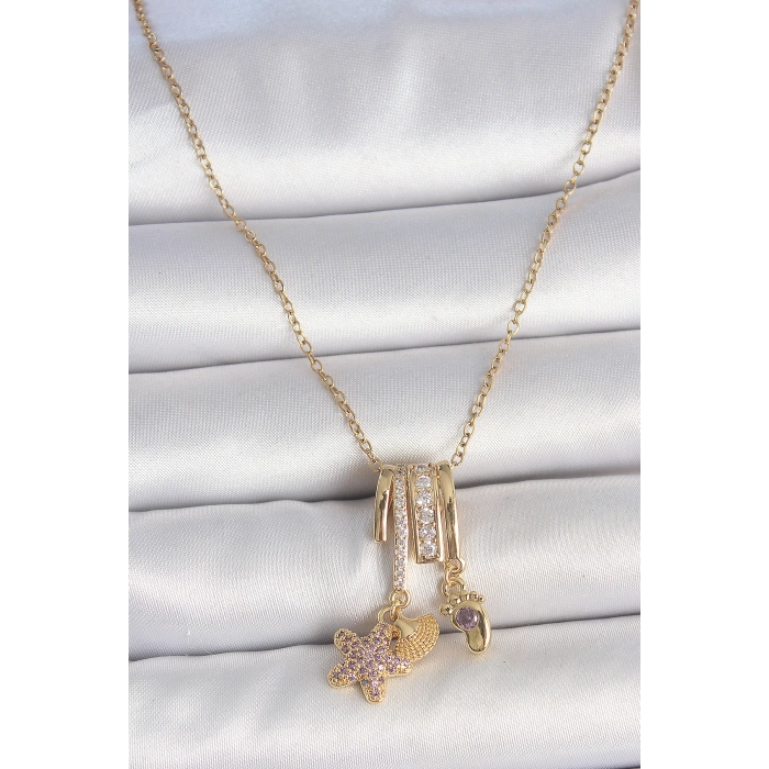316L Çelik Gold Renk Sallantı Zirkon Taşlı Mor Taşlı Ayıcık Figür Charm Kadın Kolye