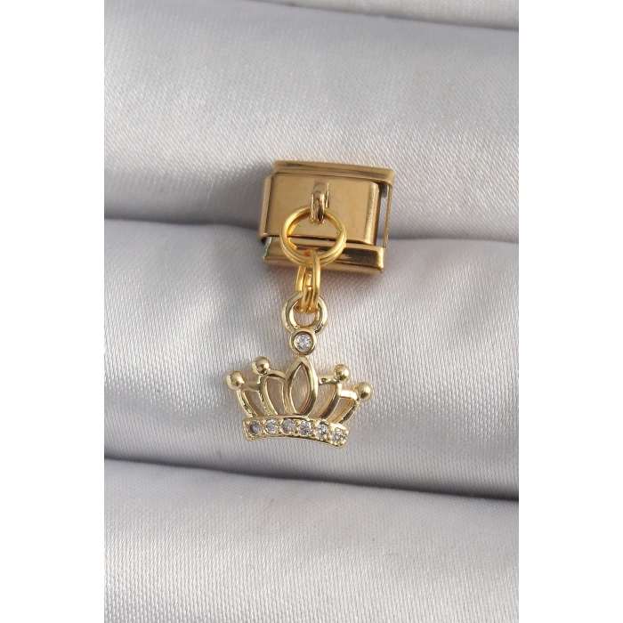 316L Çelik Gold Renk Sallantı Zirkon Taşlı Taç Model Nomination Charm