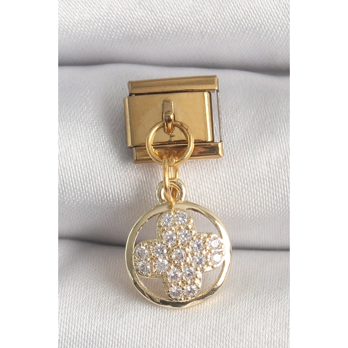 316L Çelik Gold Renk Sallantı Zirkon Taşlı Yonca Model Nomination Charm