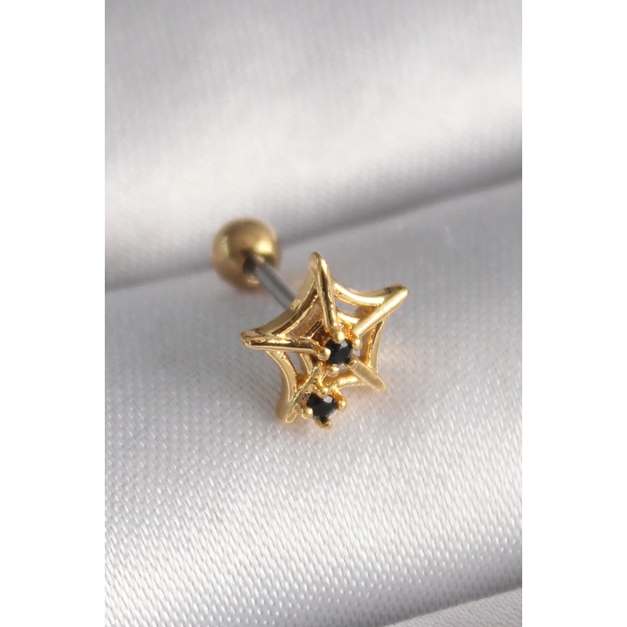 316L Çelik Gold Renk Siyah Zirkon Taş Detay Örümcek Ağ Model Tragus Piercing