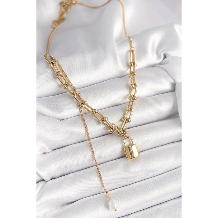 316L Çelik Gold Renk Tiffany Zincir Model Kilit Figür Sallantı İnci Detay Kadın Kolye
