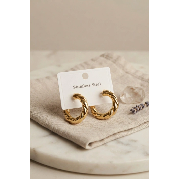 316L Çelik Gold Renk Vintage Kıvrımlı Halka Model Küpe