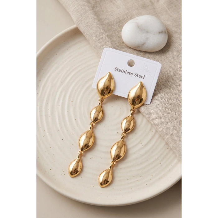 316L Çelik Gold Renk Yaprak Motifli Uzun Tasarım Küpe