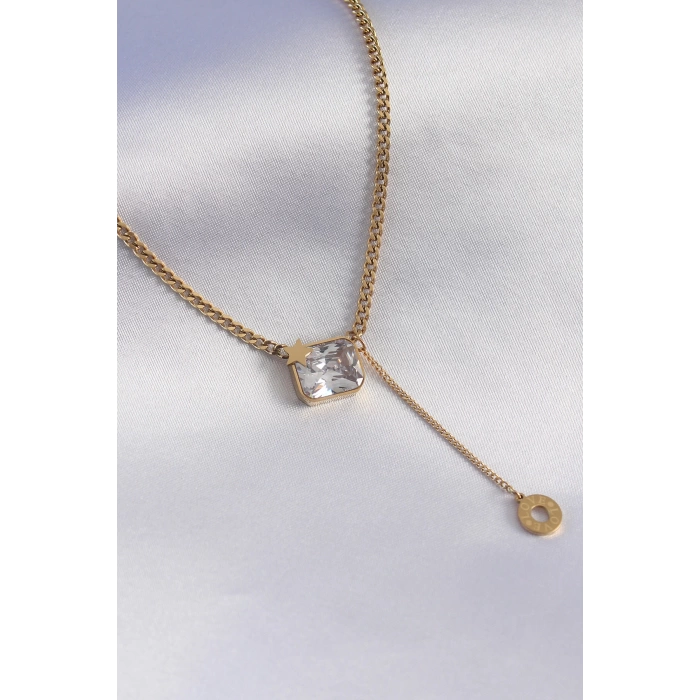 316L Çelik Gold Renk Zincir Model Zirkon Taşlı Yıldız Detay Kadın Kolye