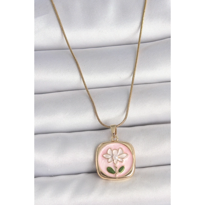 316L Çelik Gold Renk Zincir Pembe Papatya İşlemeli İnci Detay Kadın Kolye