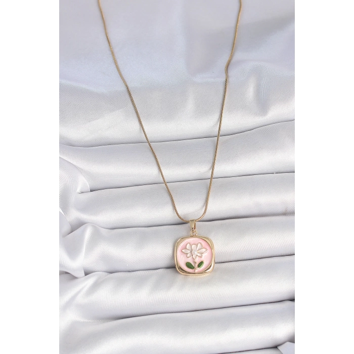 316L Çelik Gold Renk Zincir Pembe Papatya İşlemeli İnci Detay Kadın Kolye