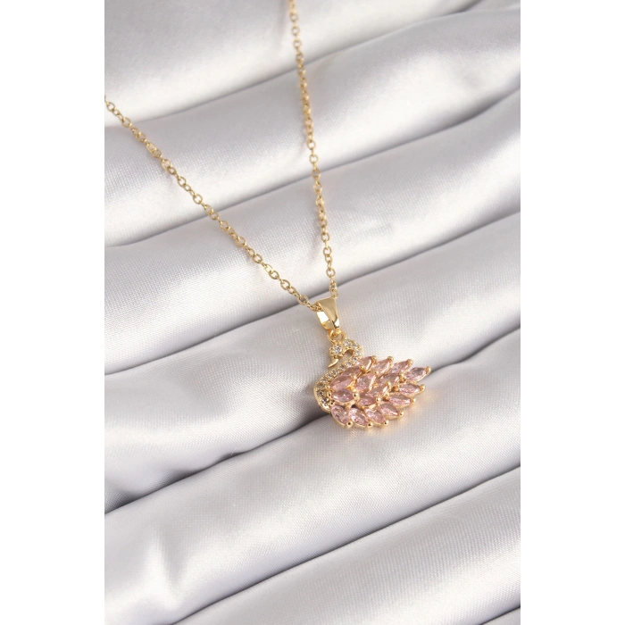 316L Çelik Gold Renk Zincir Pembe Zirkon Taşlı Kuğu Model Kadın Kolye
