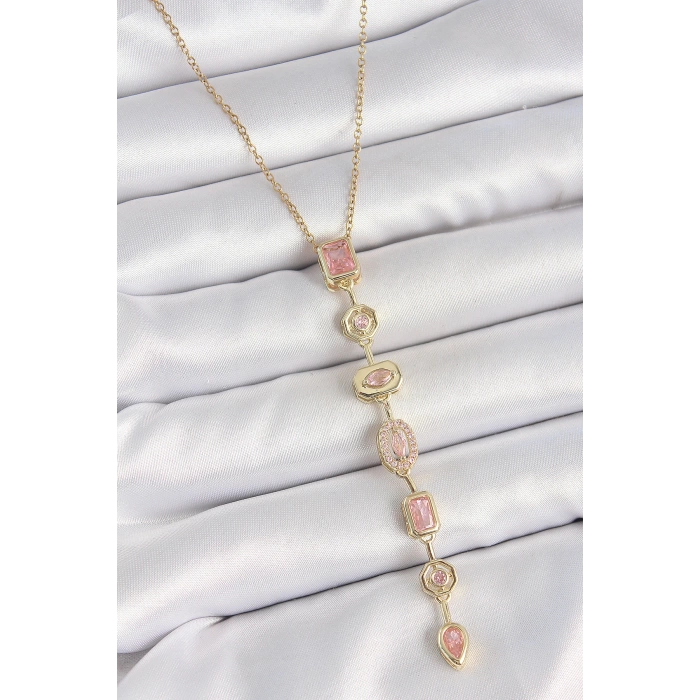 316L Çelik Gold Renk Zincir Pembe Zirkon Taşlı Y Model Dekolte Kadın Kolye