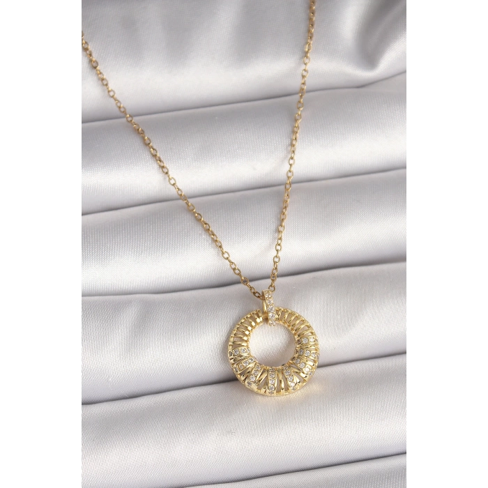 316L Çelik Gold Renk Zincir Zirkon Taş İşlemeli Daire Model Kadın Kolye