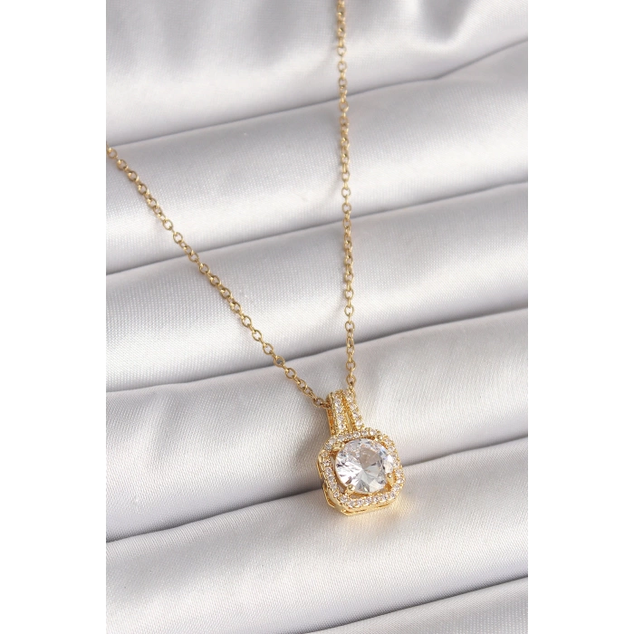 316L Çelik Gold Renk Zincir Zirkon Taşlı Kare Model Kadın Kolye
