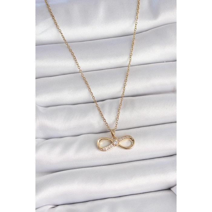316L Çelik Gold Renk Zincir Zirkon Taşlı Sonsuzluk Model Kadın Kolye