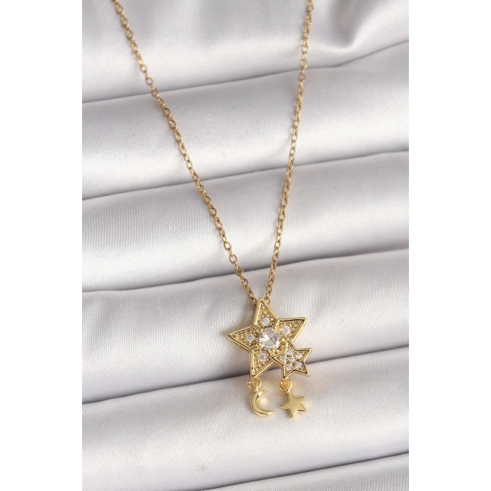 316L Çelik Gold Renk Zincir Zirkon Taşlı Yıldız Model Sallanı Ay Yıldız Detay Kadın Kolye