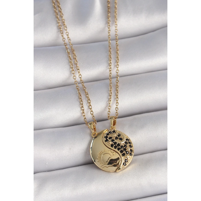 316L Çelik Gold Renk Zincir Zirkon Taşlı Ying Yang Model Gün Batımı İşlemeli Arkadaşlık Kadın Kolye