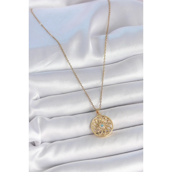 316L Çelik Gold Renk Zincr Mavi Taşlı Lotus Model Kadın Kolye