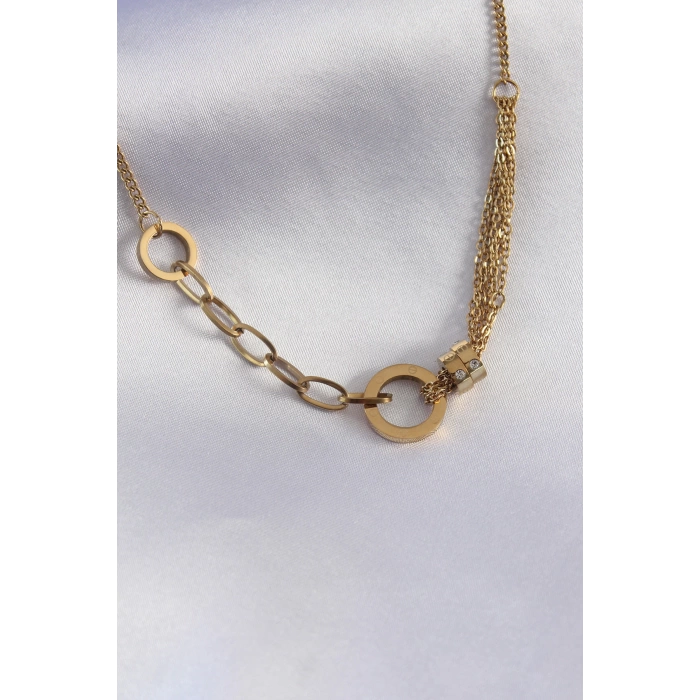 316L Çelik Gold Renk Zirkon Taş Detay Kadın Kolye