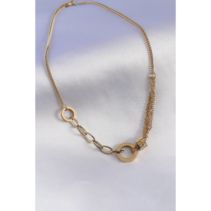 316L Çelik Gold Renk Zirkon Taş Detay Kadın Kolye